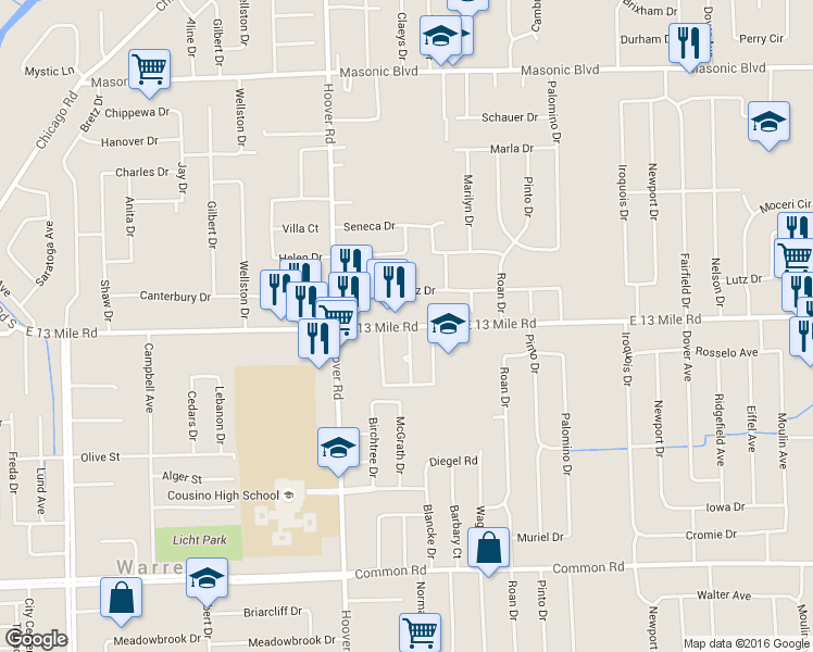map of restaurants, bars, coffee shops, grocery stores, and more near 29901 South Civic Center Boulevard in Warren