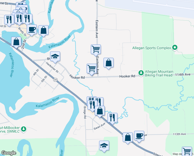 map of restaurants, bars, coffee shops, grocery stores, and more near 632 Eastern Avenue in Allegan