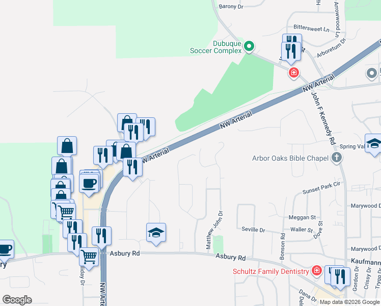 map of restaurants, bars, coffee shops, grocery stores, and more near 2693 Millstone Drive in Dubuque
