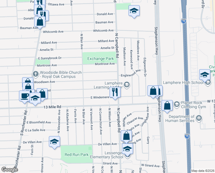 map of restaurants, bars, coffee shops, grocery stores, and more near 1526 Woodlawn Avenue in Royal Oak
