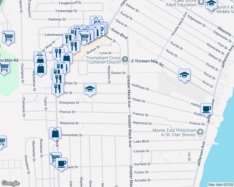 map of restaurants, bars, coffee shops, grocery stores, and more near Violet Street in St. Clair Shores