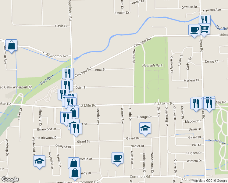 map of restaurants, bars, coffee shops, grocery stores, and more near 2528 Otter Street in Warren