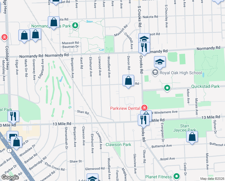 map of restaurants, bars, coffee shops, grocery stores, and more near 3716 Woodland Avenue in Royal Oak