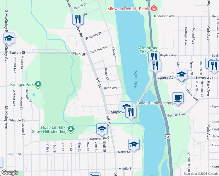 map of restaurants, bars, coffee shops, grocery stores, and more near 249 Birch Avenue in Beloit