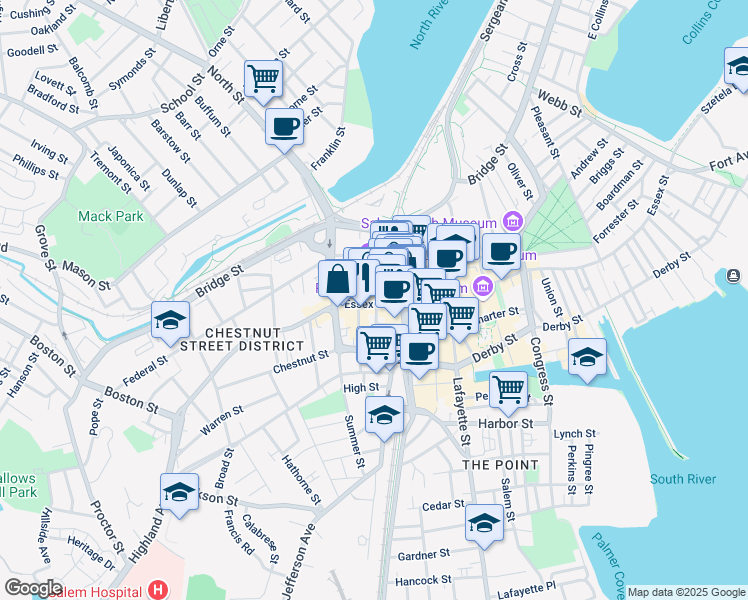 map of restaurants, bars, coffee shops, grocery stores, and more near 284 Essex Street in Salem