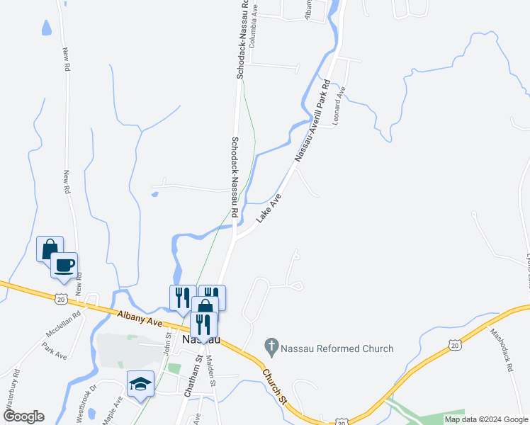 map of restaurants, bars, coffee shops, grocery stores, and more near 25 Lake Avenue in Nassau