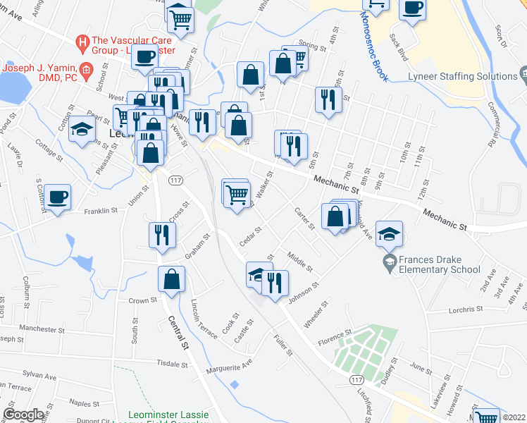 map of restaurants, bars, coffee shops, grocery stores, and more near 96 Middle Street in Leominster