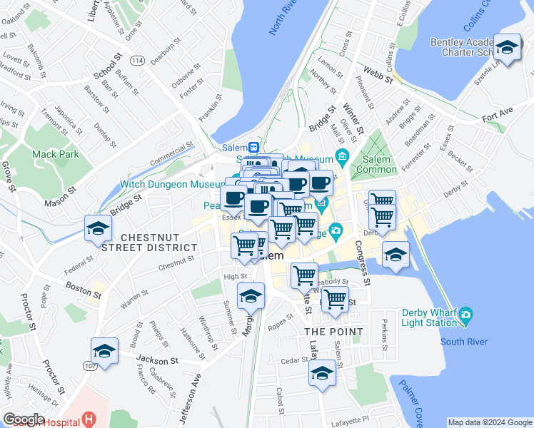 map of restaurants, bars, coffee shops, grocery stores, and more near 60 Washington Street in Salem