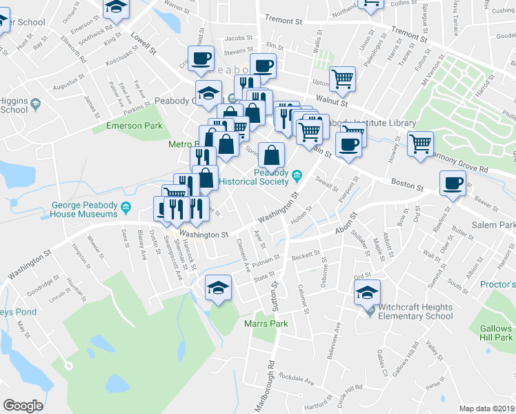 map of restaurants, bars, coffee shops, grocery stores, and more near 25 Oak Street in Peabody