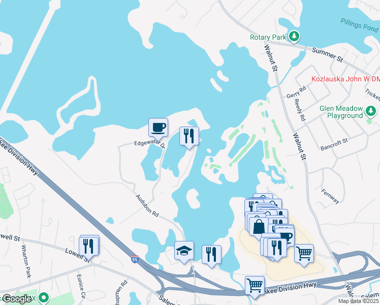 map of restaurants, bars, coffee shops, grocery stores, and more near 301 Edgewater Place in Wakefield