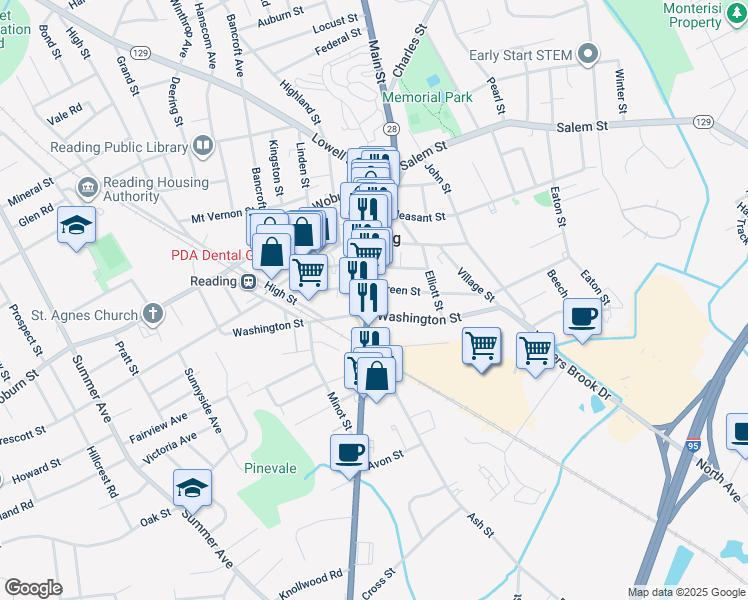 map of restaurants, bars, coffee shops, grocery stores, and more near 500 Main Street in Reading