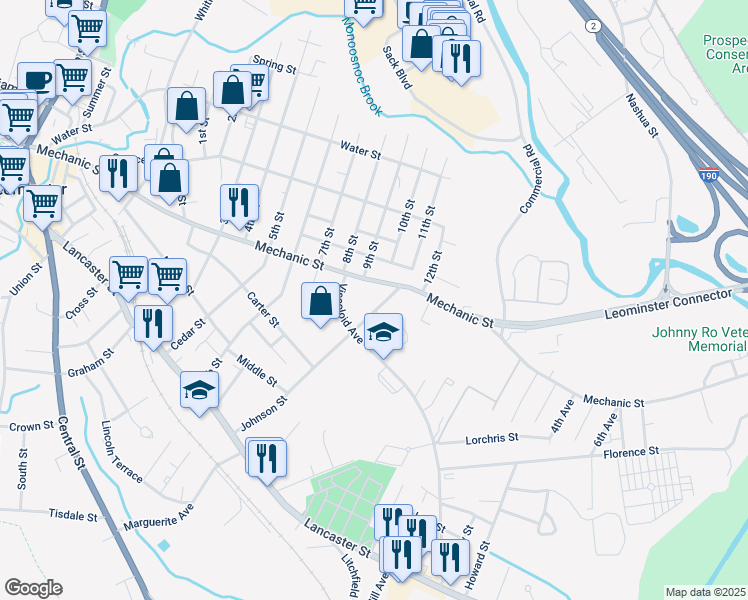 map of restaurants, bars, coffee shops, grocery stores, and more near 311 Mechanic Street in Leominster