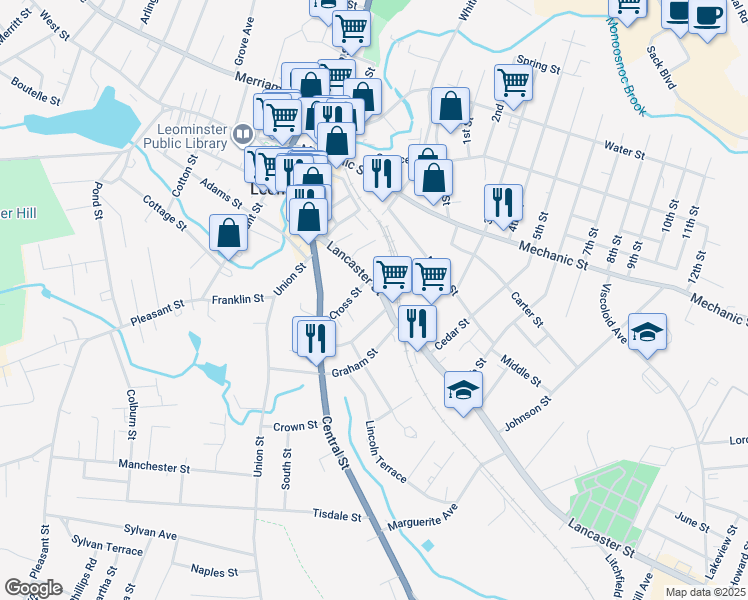 map of restaurants, bars, coffee shops, grocery stores, and more near 84 Lancaster Street in Leominster