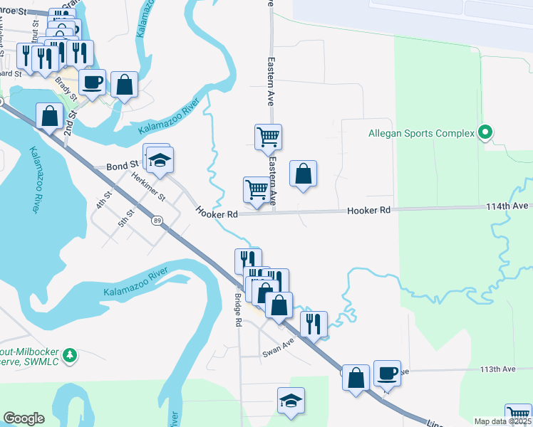 map of restaurants, bars, coffee shops, grocery stores, and more near 632 Eastern Avenue in Allegan