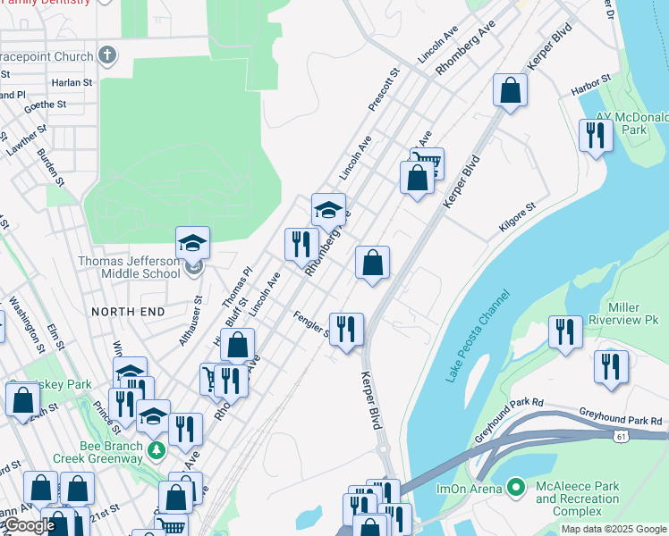 map of restaurants, bars, coffee shops, grocery stores, and more near 1330 Garfield Avenue in Dubuque