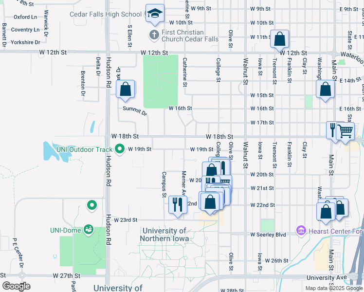 map of restaurants, bars, coffee shops, grocery stores, and more near 1116 West 18th Street in Cedar Falls