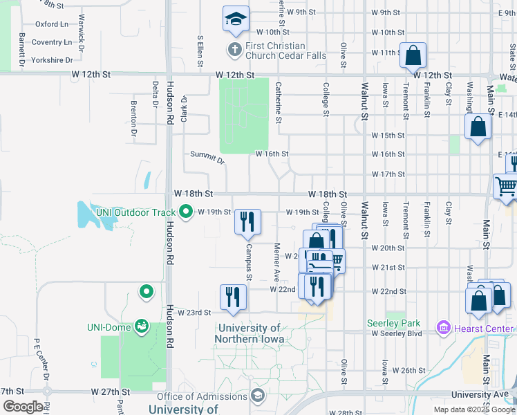 map of restaurants, bars, coffee shops, grocery stores, and more near 1224 West 18th Street in Cedar Falls