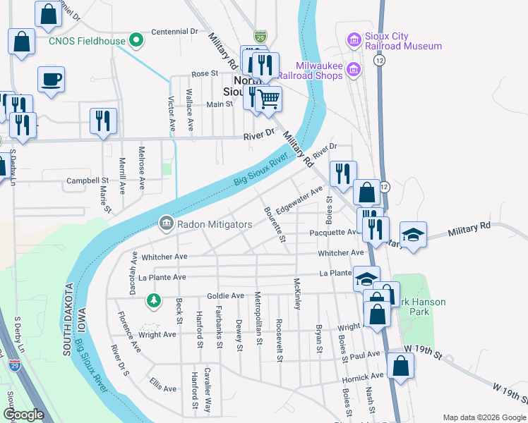 map of restaurants, bars, coffee shops, grocery stores, and more near 1034 River Drive in Sioux City