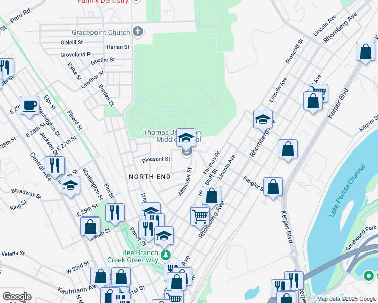 map of restaurants, bars, coffee shops, grocery stores, and more near 1105 Althauser Street in Dubuque