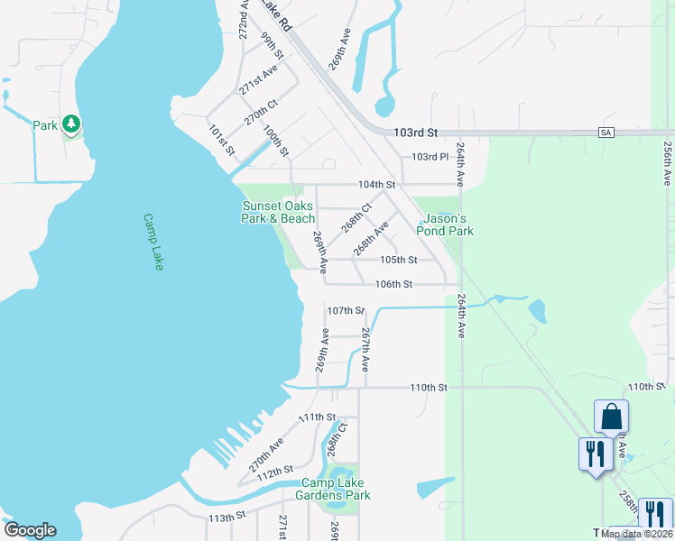 map of restaurants, bars, coffee shops, grocery stores, and more near 26825 105th Street in Trevor