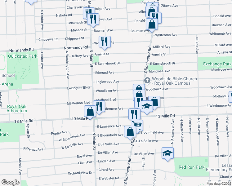 map of restaurants, bars, coffee shops, grocery stores, and more near 232 Woodlawn Avenue in Royal Oak