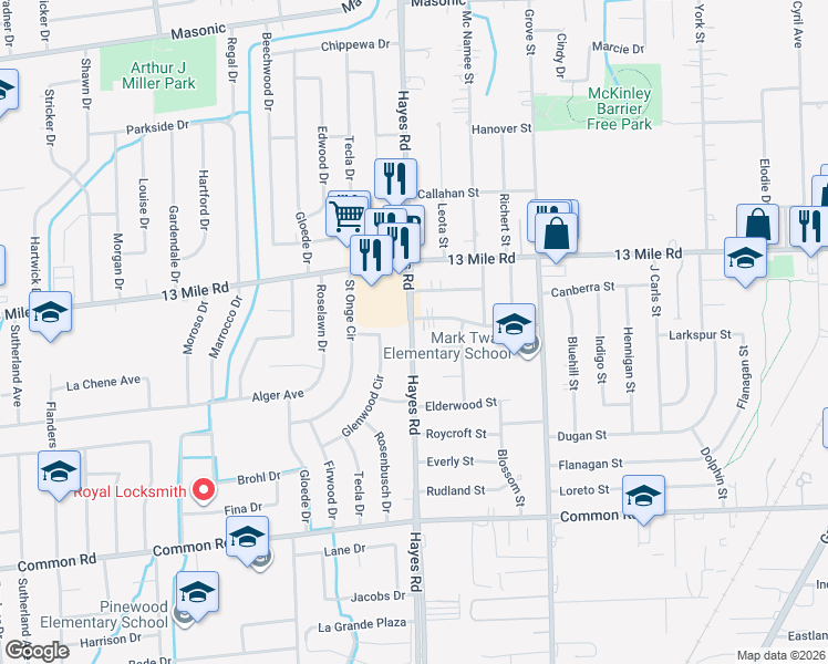 map of restaurants, bars, coffee shops, grocery stores, and more near 30747 Hayes Road in Warren