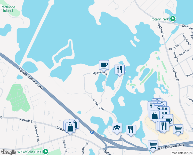 map of restaurants, bars, coffee shops, grocery stores, and more near 500 Edgewater Drive in Wakefield