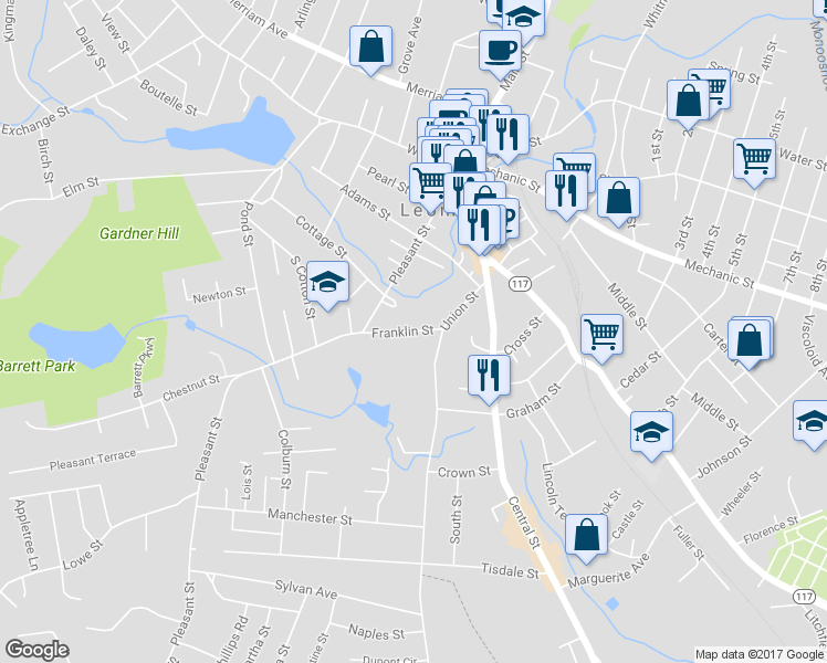 map of restaurants, bars, coffee shops, grocery stores, and more near 21 Franklin Street in Leominster