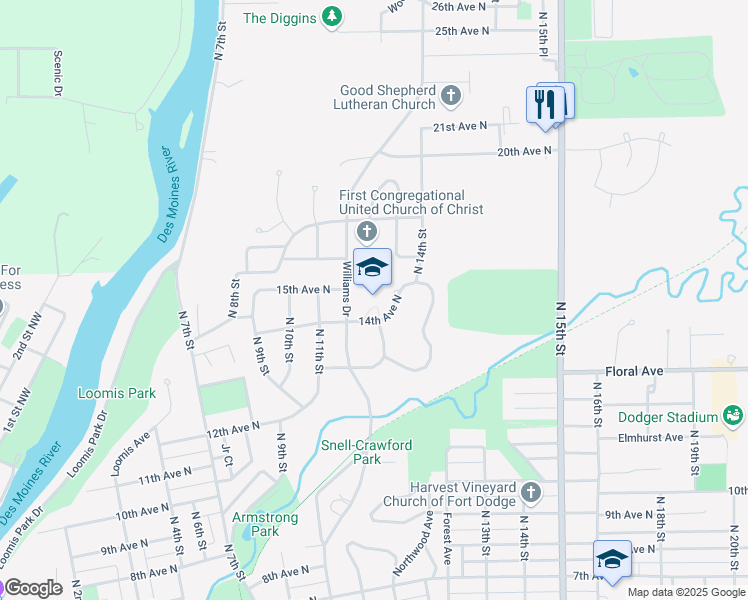 map of restaurants, bars, coffee shops, grocery stores, and more near 1300 14th Avenue North in Fort Dodge