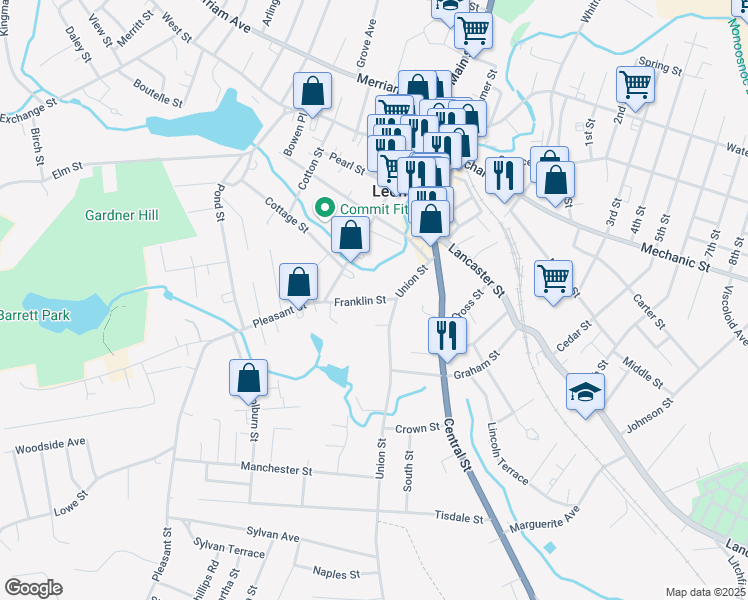 map of restaurants, bars, coffee shops, grocery stores, and more near 21 Franklin Street in Leominster