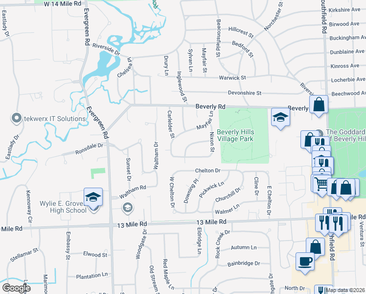 map of restaurants, bars, coffee shops, grocery stores, and more near 31638 Mayfair Lane in Beverly Hills