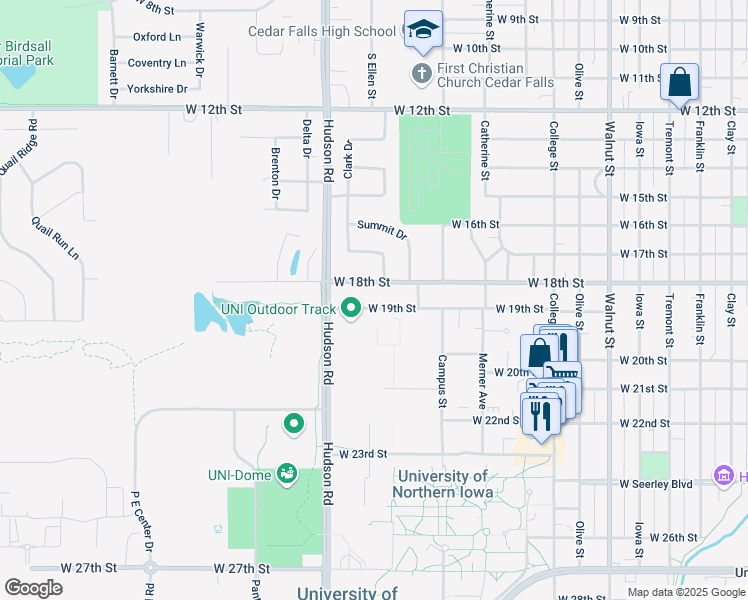 map of restaurants, bars, coffee shops, grocery stores, and more near 1424 West 18th Street in Cedar Falls