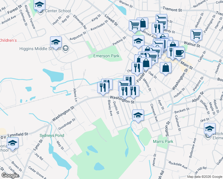 map of restaurants, bars, coffee shops, grocery stores, and more near 119R Foster Street in Peabody