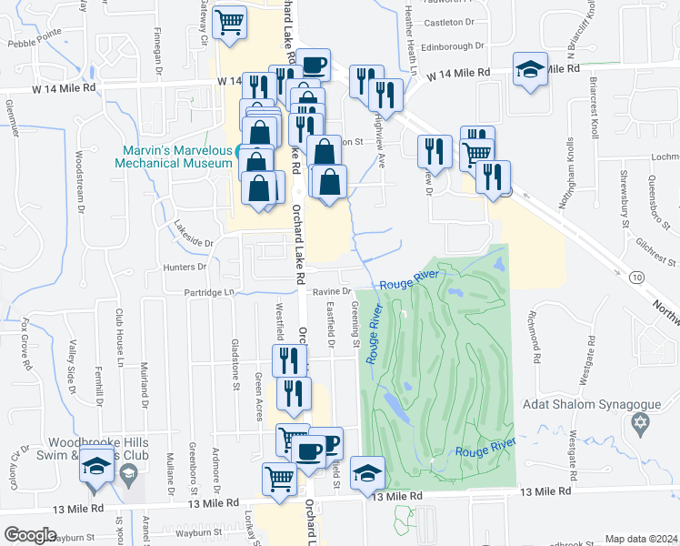 map of restaurants, bars, coffee shops, grocery stores, and more near 30414 Orchard Lake Road in Farmington