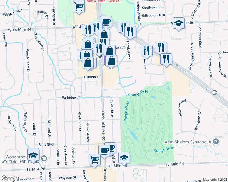 map of restaurants, bars, coffee shops, grocery stores, and more near 30594 Orchard Lake Road in Farmington Hills