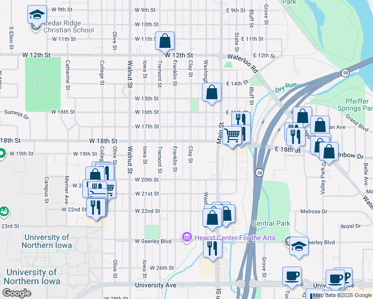 map of restaurants, bars, coffee shops, grocery stores, and more near 1804 Clay Street in Cedar Falls