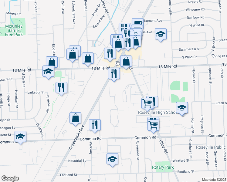 map of restaurants, bars, coffee shops, grocery stores, and more near 17267 Common Road in Roseville