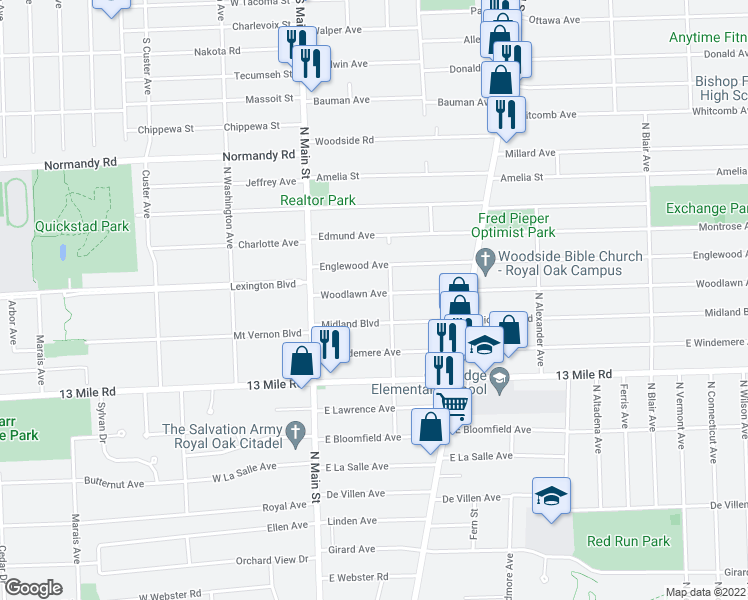 map of restaurants, bars, coffee shops, grocery stores, and more near 222 Woodlawn Avenue in Royal Oak