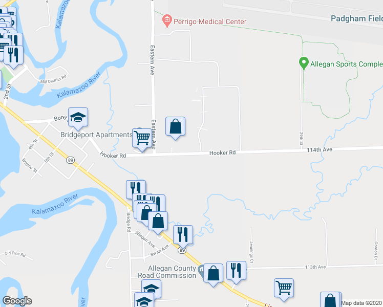 map of restaurants, bars, coffee shops, grocery stores, and more near Hooker Road in Allegan