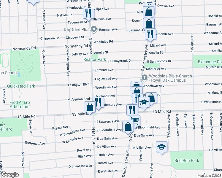 map of restaurants, bars, coffee shops, grocery stores, and more near 222 Woodlawn Avenue in Royal Oak
