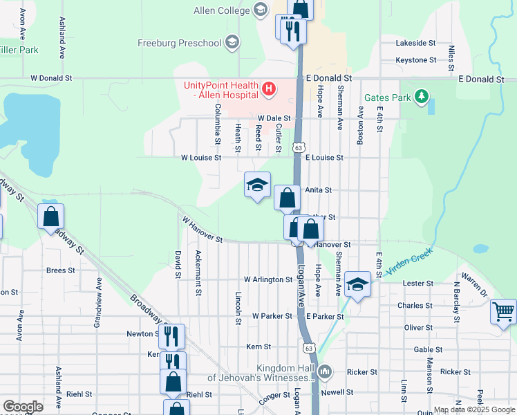 map of restaurants, bars, coffee shops, grocery stores, and more near 1505 Logan Avenue in Waterloo