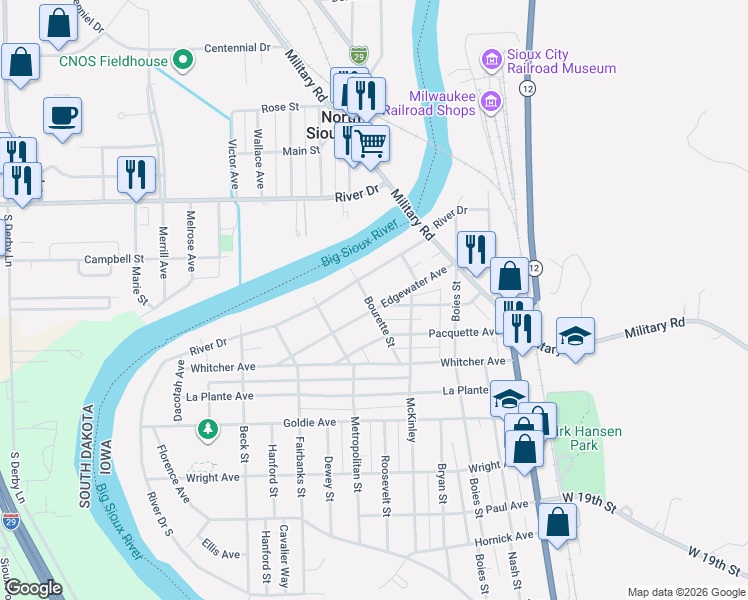 map of restaurants, bars, coffee shops, grocery stores, and more near 1034 River Drive in Sioux City