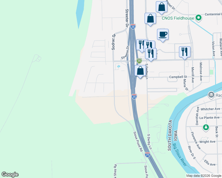 map of restaurants, bars, coffee shops, grocery stores, and more near 130 Sodrac Drive in North Sioux City
