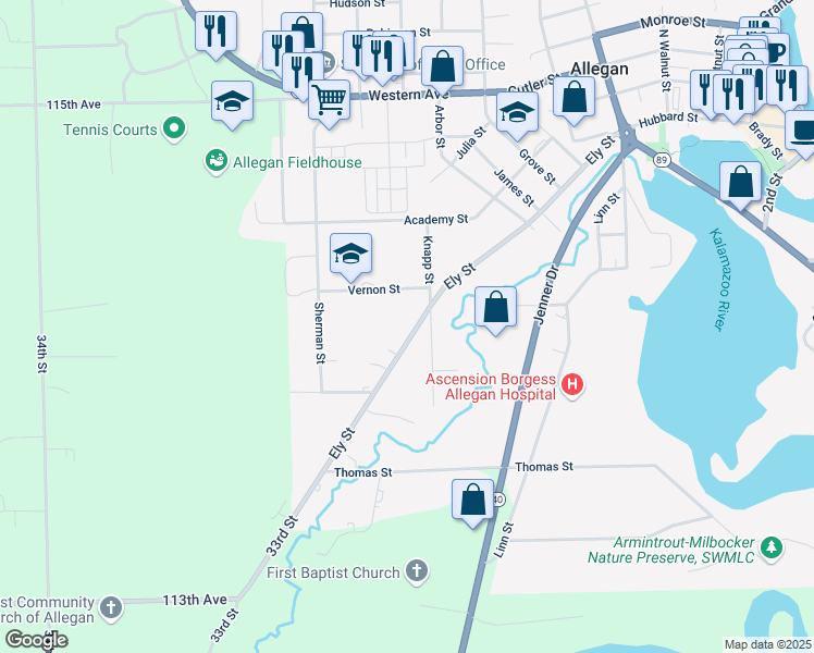 map of restaurants, bars, coffee shops, grocery stores, and more near 624 Ely Street in Allegan