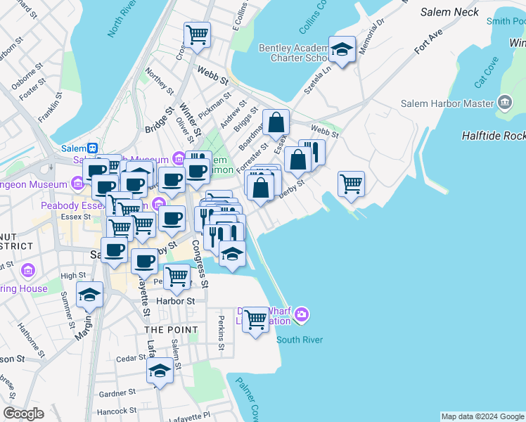 map of restaurants, bars, coffee shops, grocery stores, and more near 143 Derby Street in Salem