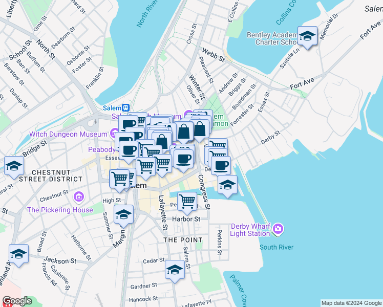 map of restaurants, bars, coffee shops, grocery stores, and more near 131 Essex Street in Salem
