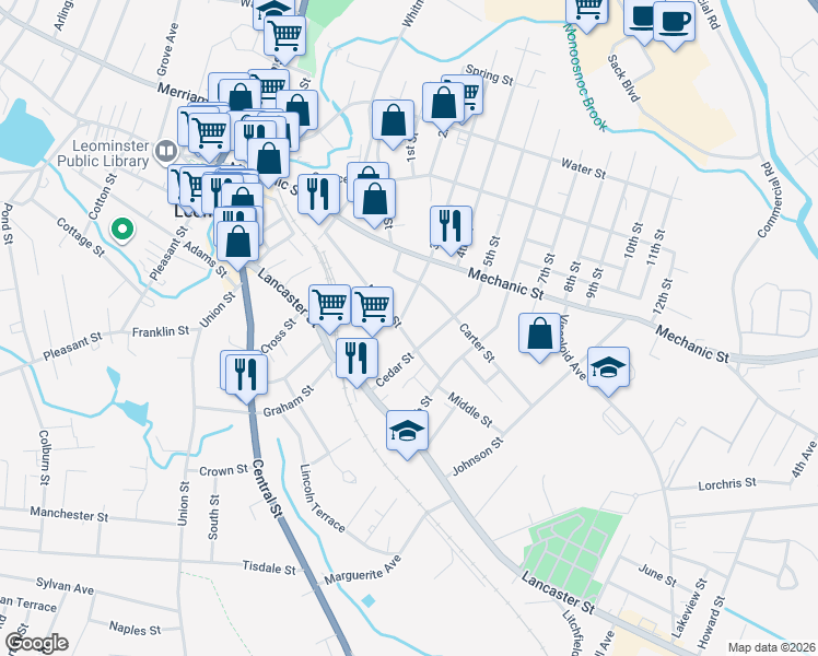 map of restaurants, bars, coffee shops, grocery stores, and more near 44 Walker Street in Leominster