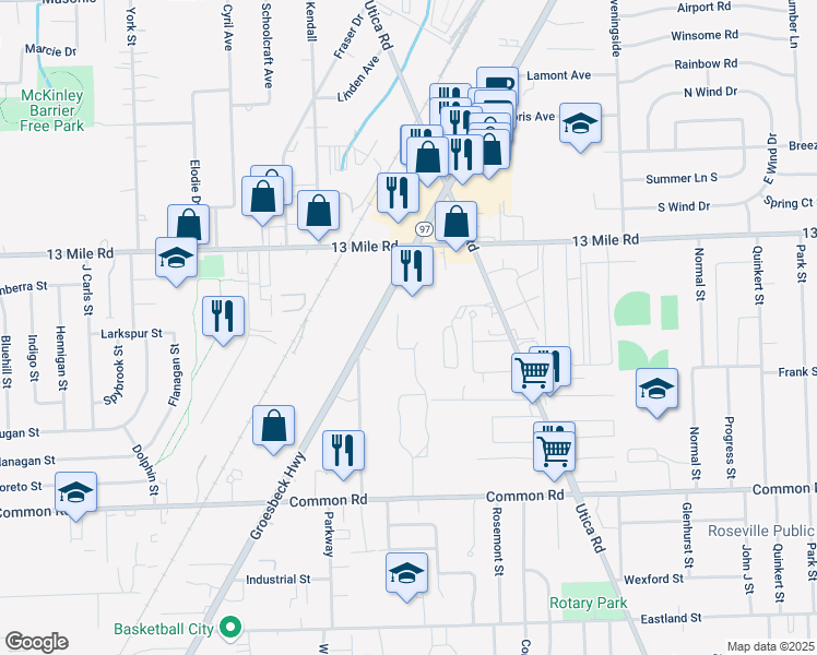 map of restaurants, bars, coffee shops, grocery stores, and more near 30856 Groesbeck Highway in Roseville