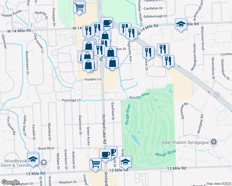 map of restaurants, bars, coffee shops, grocery stores, and more near 30594 Orchard Lake Road in Farmington Hills