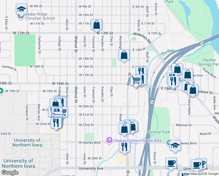 map of restaurants, bars, coffee shops, grocery stores, and more near 1804 Clay Street in Cedar Falls